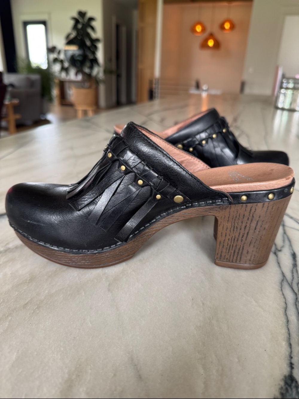 Dansko Deni Black Leather Fringe Clogs